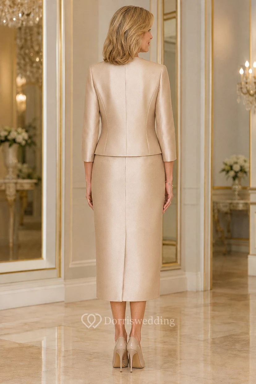 Champagnerfarbenes, wadenlanges Etuikleid aus Satin mit passender Jacke view 2