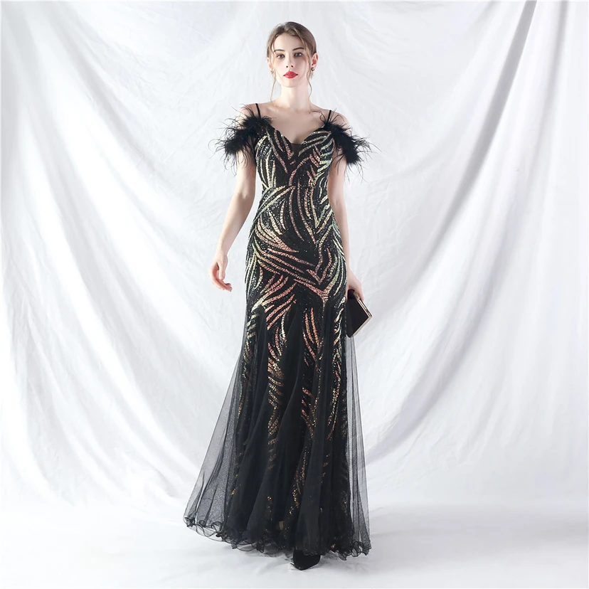 Crafted Ostrich Feather Stacked Sequins Splicing Mesh Gauze High-End Evening Dress Clothes view 14