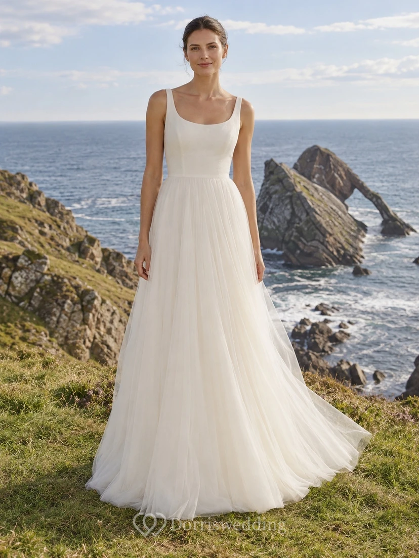 Simple Romantic Beach Wedding Dress A-Line Scoop Neck Sleeveless Floor Length Soft Tulle