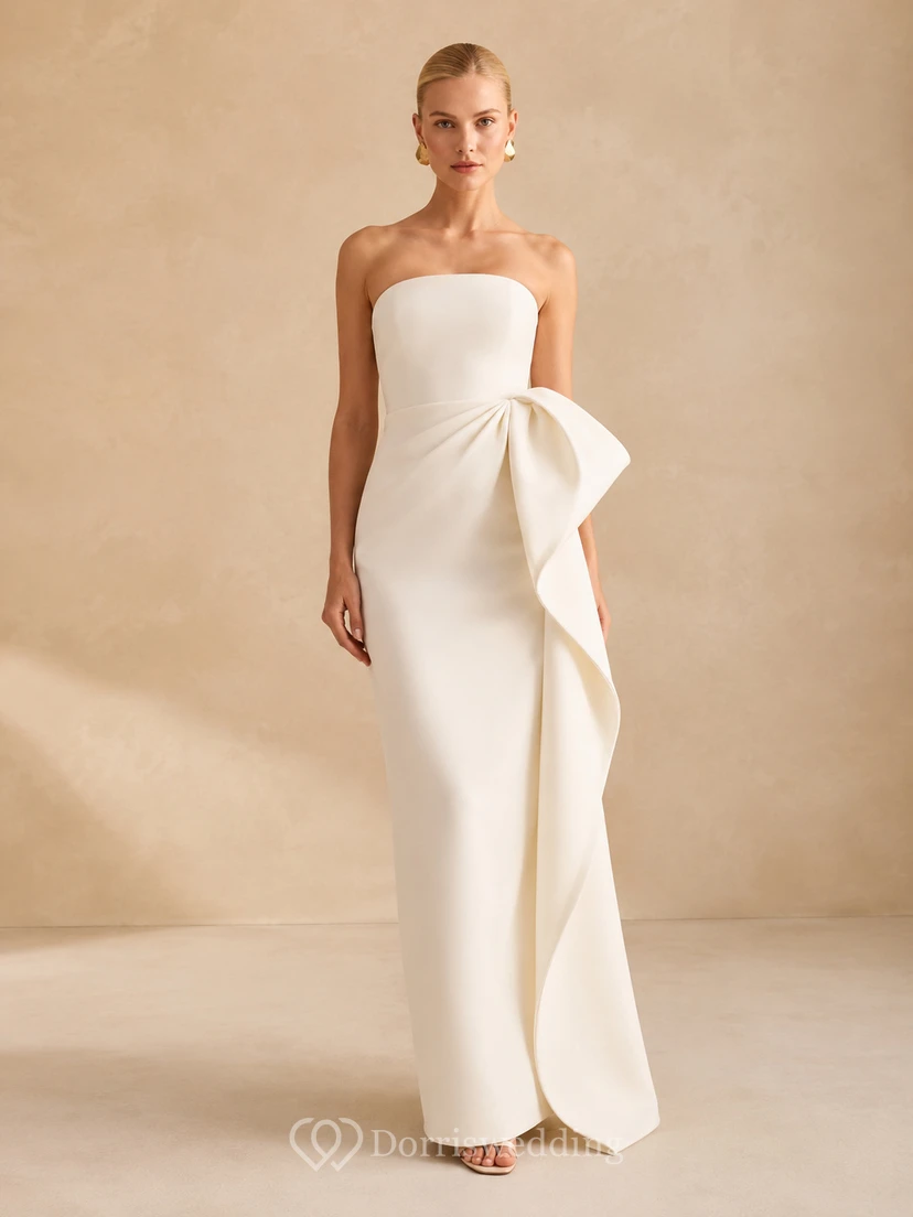 Strapless bow sheath floor length courthouse wedding dress
