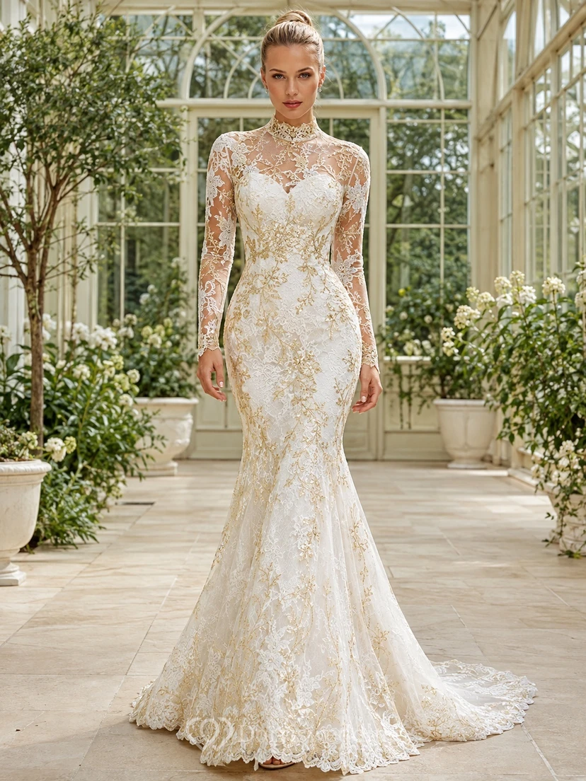 Brautkleid im Meerjungfrauen-/Trompetenstil mit vergoldetem Illusionsmotiv, hohem Kragen, langen Ärmeln, bodenlangem Schleier und luxuriöser Optik