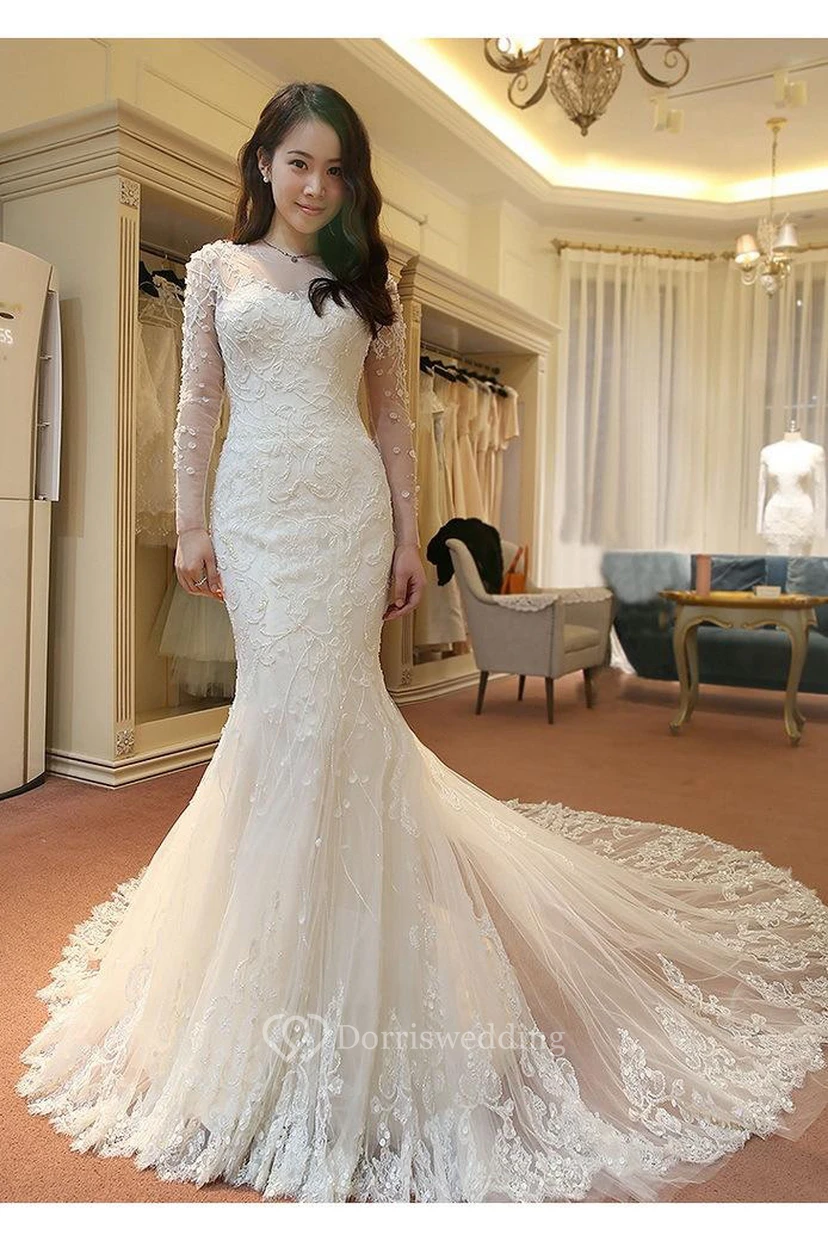 Stunning Long Sleeve Lace Wedding Dresses Mermaid With Train