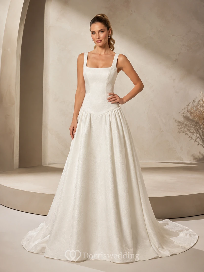 Brautkleid aus Satin in A-Linie mit eckigem Ausschnitt und tiefer Taille