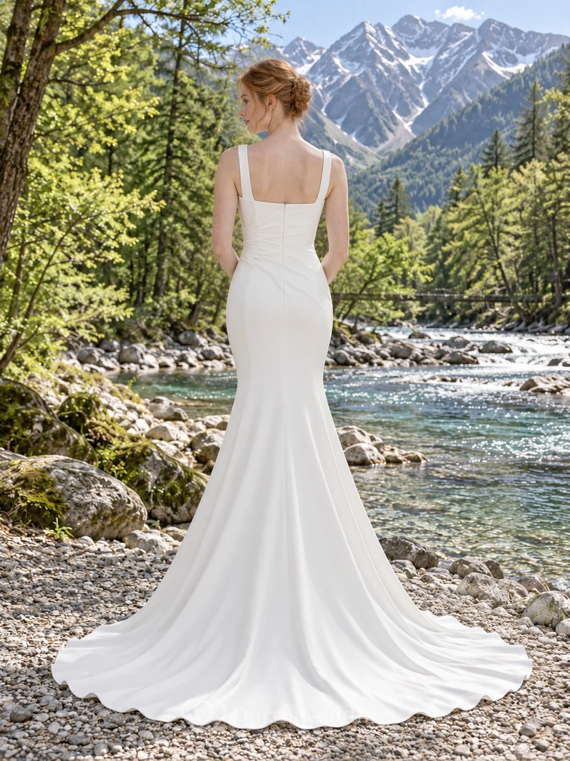 Schlichtes, ärmelloses Brautkleid im Meerjungfrauenstil mit eckigem Ausschnitt und seitlicher Drapierung view 2