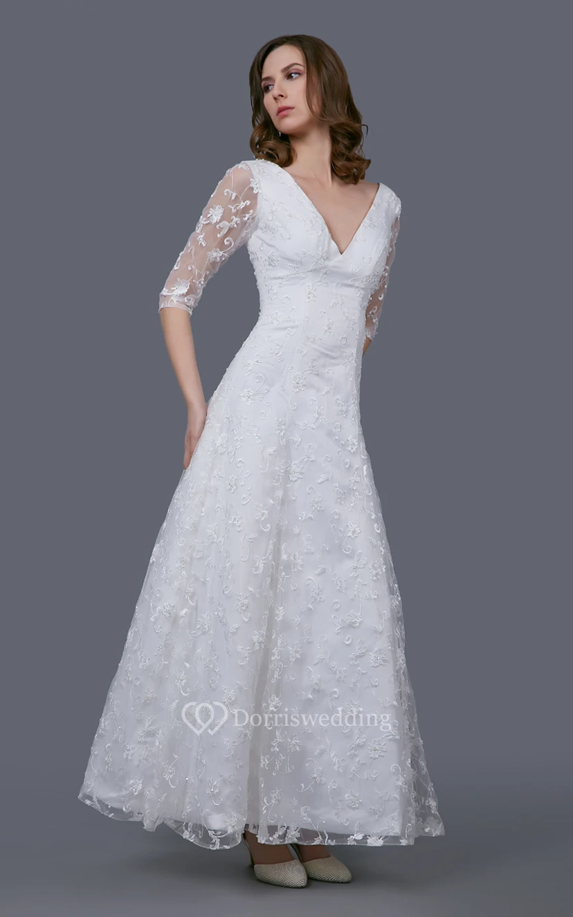 Vintage langes Spitzenkleid mit V-Ausschnitt, langen Ärmeln und A-Linien-Schnitt sowie Falten view 4