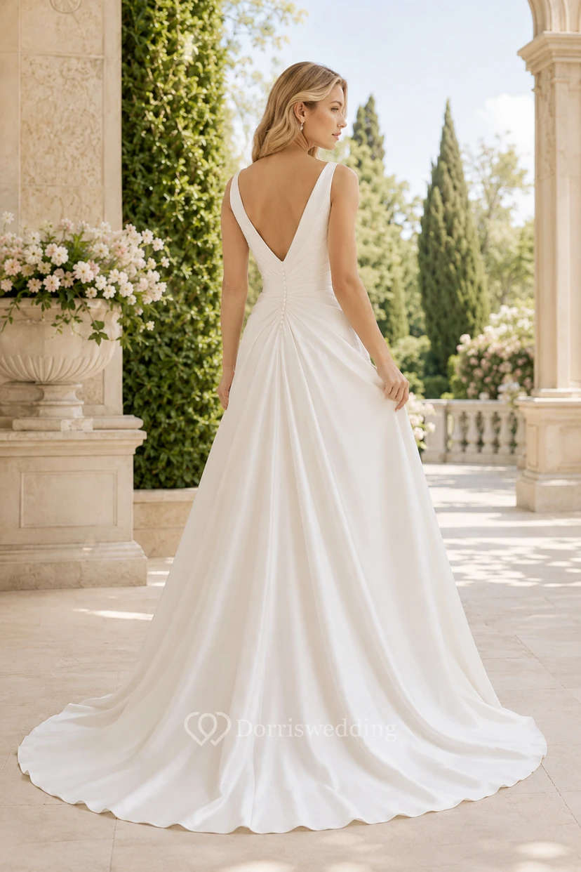 V-Neck Satin A-Line Wedding Dress with Ruched Waist view 2
