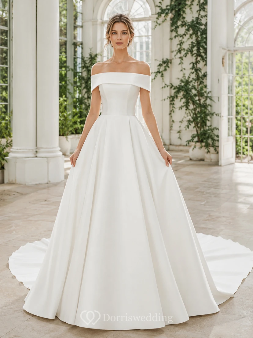 Brautkleid aus Satin, Ballkleid, schulterfrei, kurze Ärmel, Kapellenschleppe