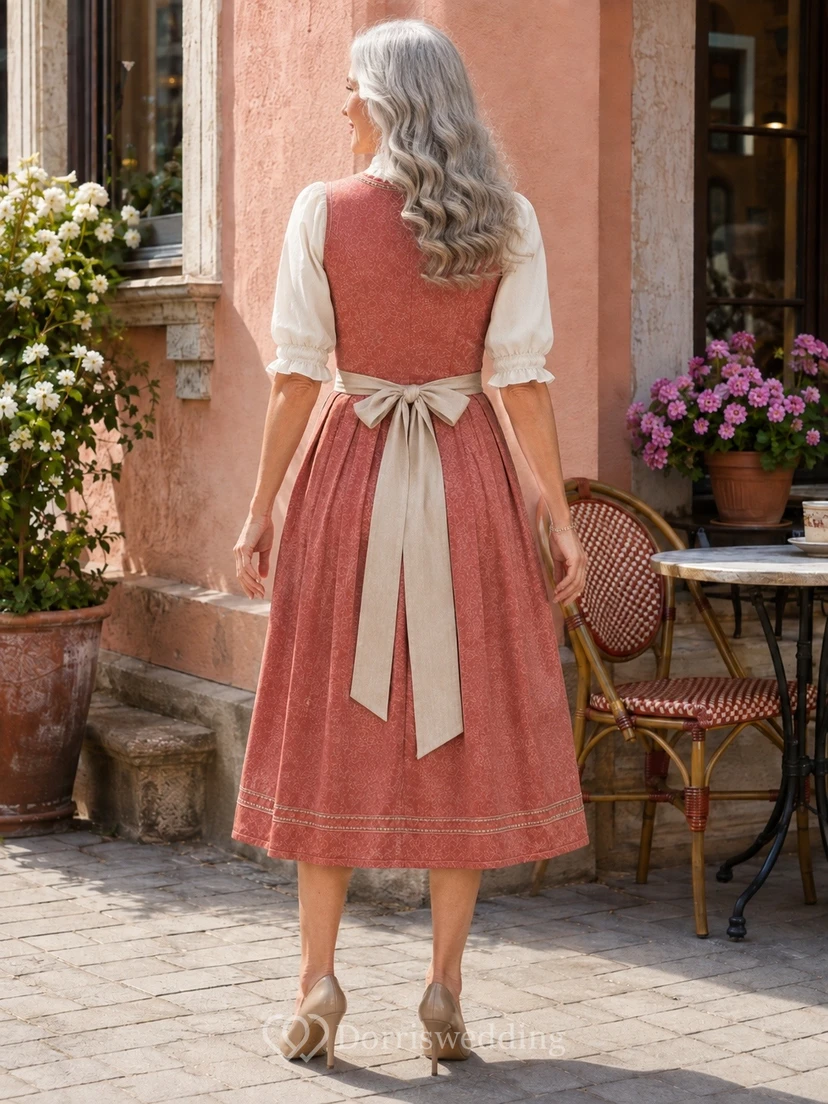 Vintage-Dirndlkleid in Korallenrot für ältere Bräute mit eckigem Ausschnitt und Teelänge view 2
