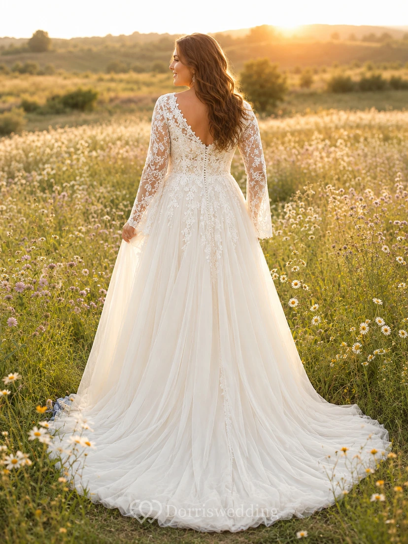 Plus Size Bohemian Lace Sleeve Meadow Wedding Dress view 2