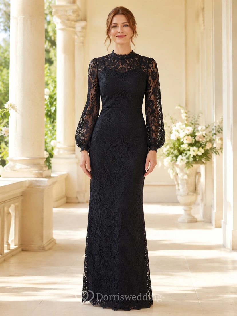 Schwarzes, hochgeschlossenes Etuikleid mit Illusionsspitze und langen Ärmeln – ein formelles Abendkleid