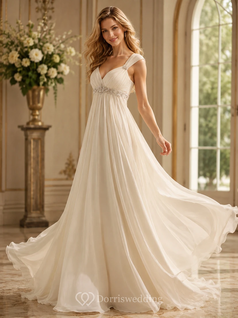 Robe de mariée de plage en mousseline de soie style empire, ornée de perles et de plis, dos nu en V et traîne.