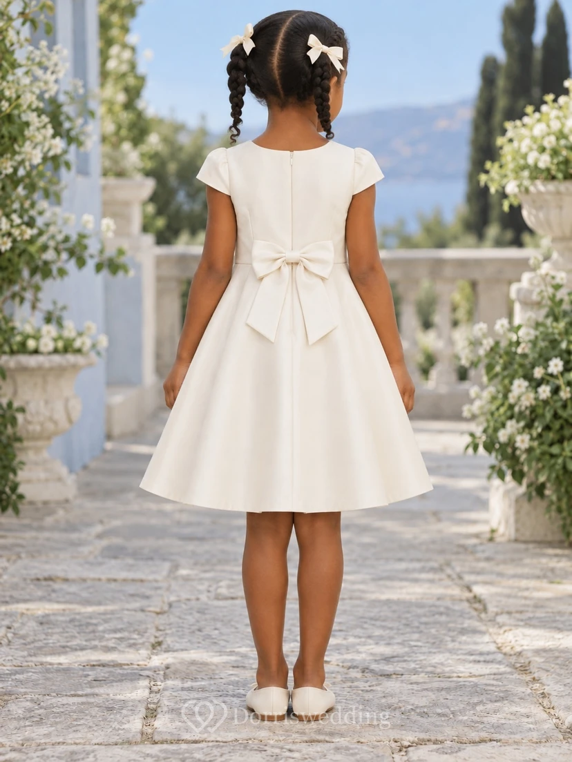 Simple Modest Cream Knee Length Cap Sleeve Side Pleated Satin Bow Flower Girl Dress