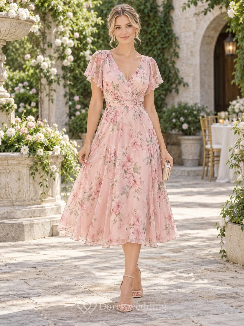 Vestido de fiesta de gasa rosa rubor con estampado floral, cuello en V, manga corta y largo hasta la rodilla.