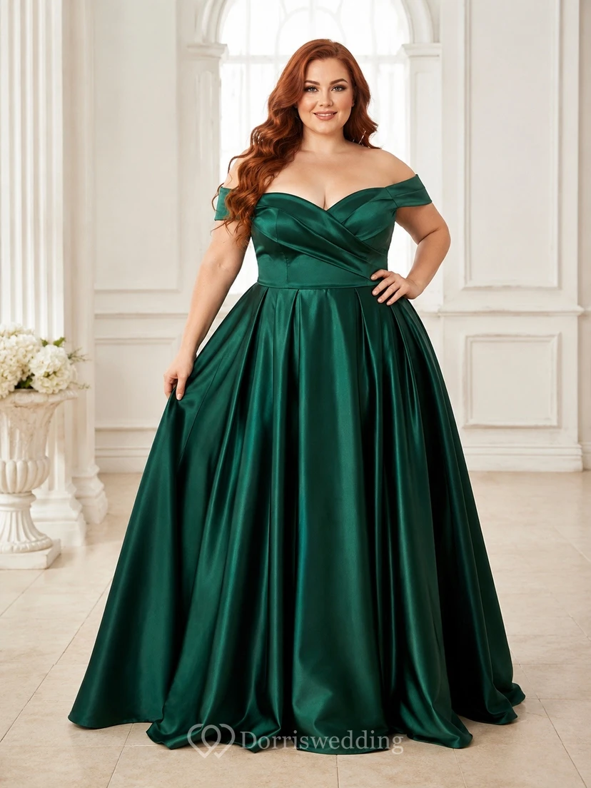 Vestido de gala de talla grande con hombros descubiertos, satén verde oscuro, vestido formal