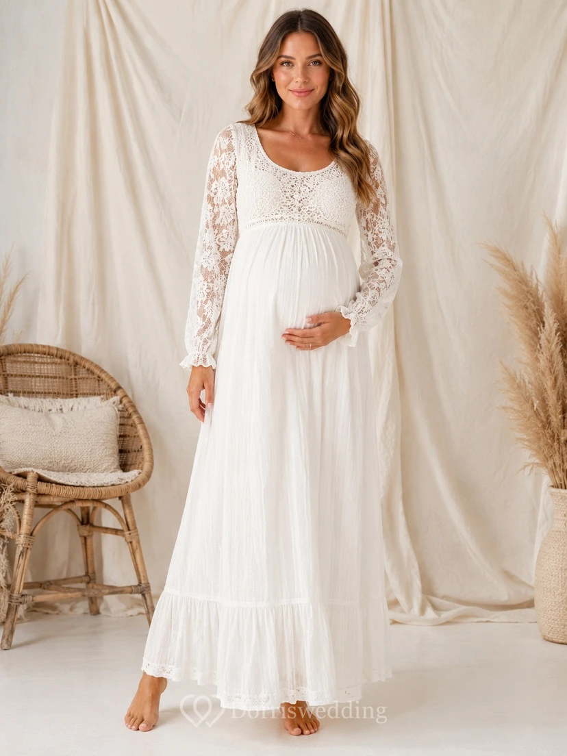 Vestido de maternidad largo hasta el suelo, de corte A, con escote cuadrado y mangas largas, de encaje blanco y encaje.