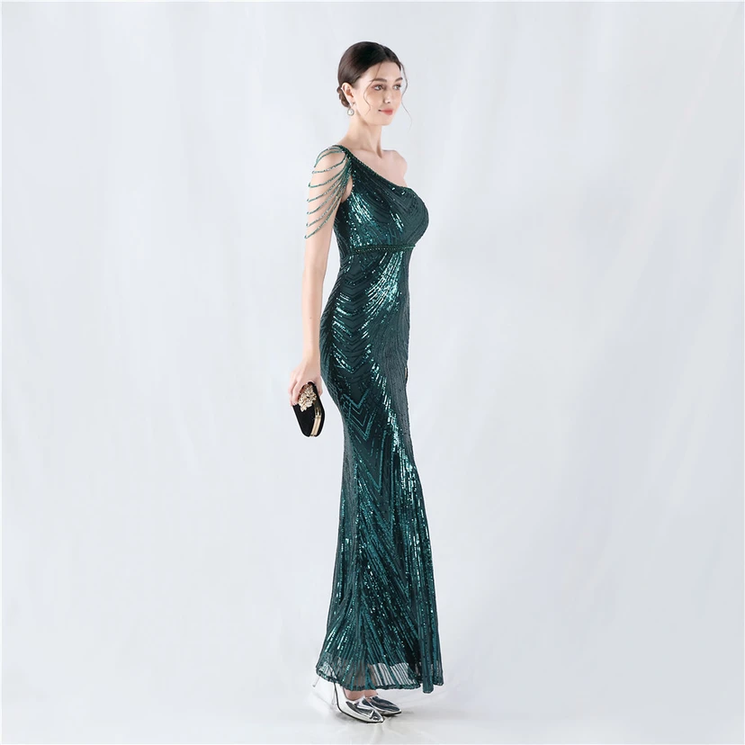 Positioning Flower Beaded Craft Beaded One-Shoulder Oblique Collar High Slit Evening Dress view 34