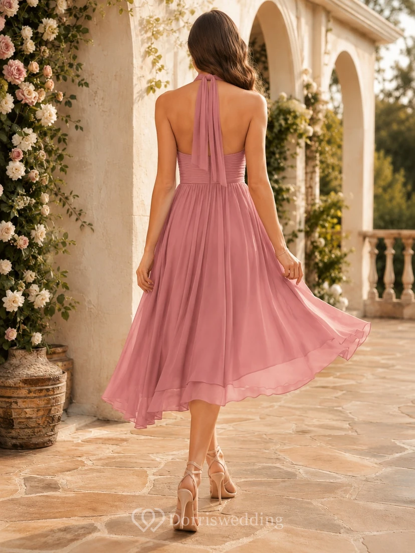 Dusty Rose High Neck Halter Chiffon A-Line High-Low Wedding Cocktail Dress view 2