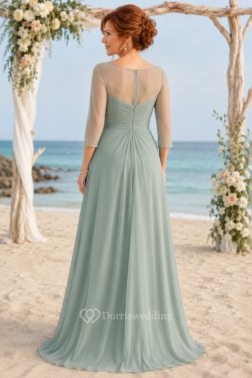 Mother of the Bride Sage Chiffon A-Line Three-Quarter Sleeve Sweetheart Neckline Floor-Length Dress with Ruching view 2