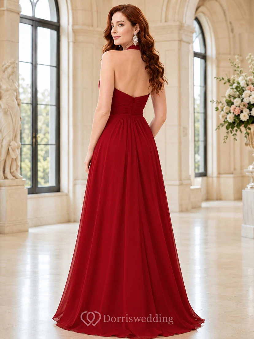 Red halter neck chiffon A line charity gala gown view 2