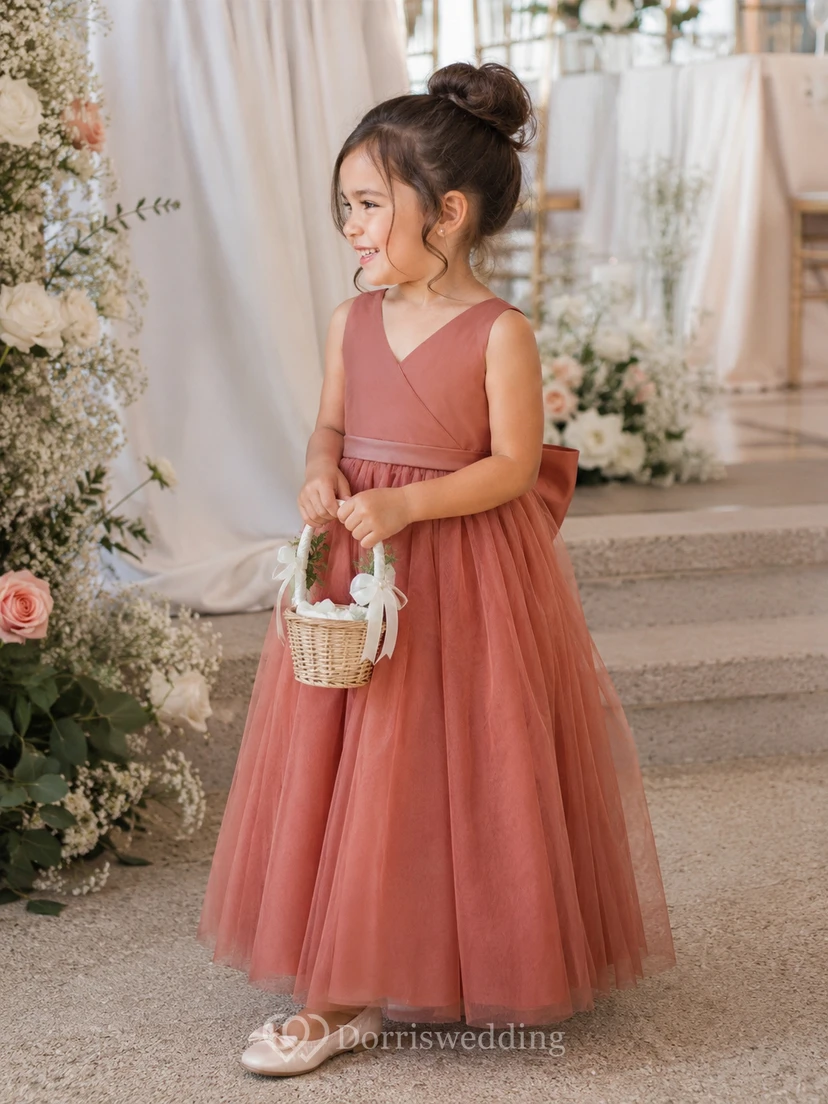 Water Melon V-neck Sleeveless A-line Tulle Pleated Flowergirl Dress view 3