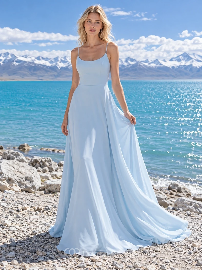 Vestido de novia sencillo de corte A con escote redondo y sin mangas en azul cielo