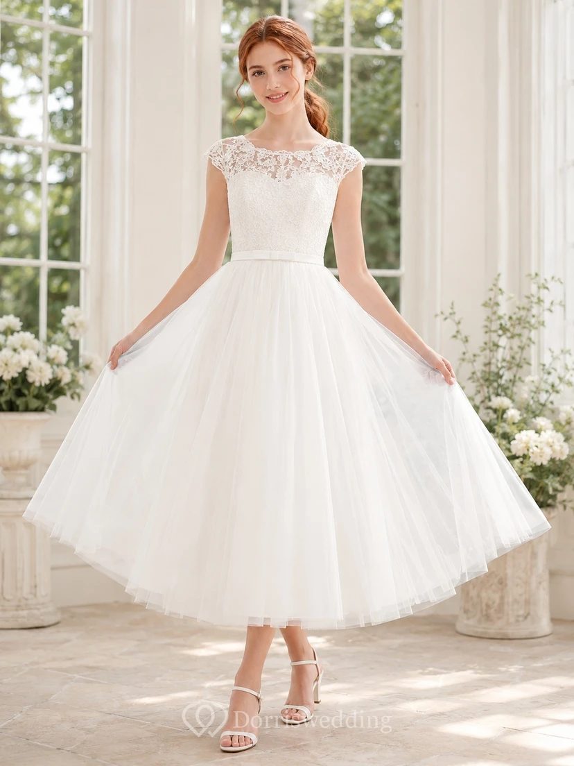 Junior-Brautjungfernkleid, A-Linie, Teelänge, Schmuckstein, kurze Ärmel, Spitze, romantisch