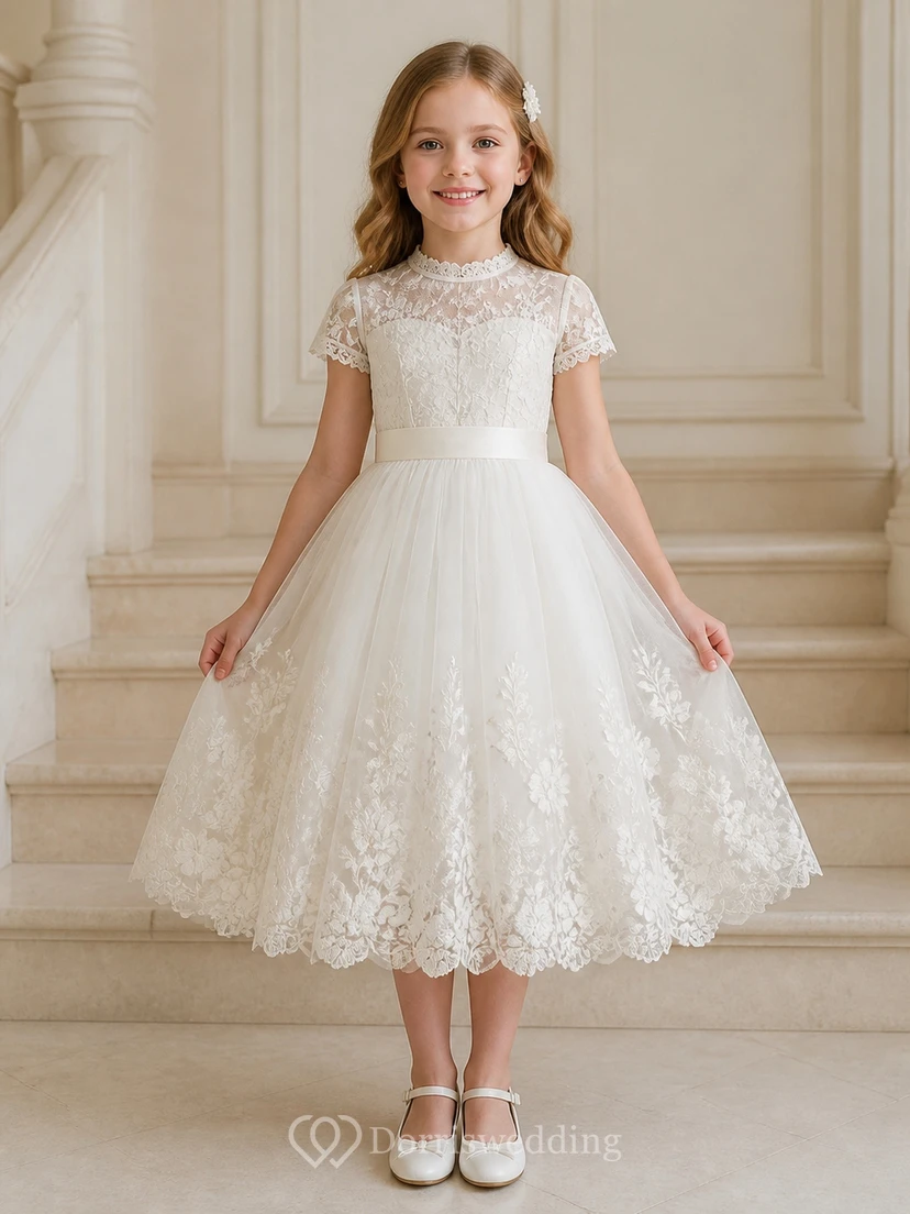Modest Tea-length Ball Gown High Neck Short Sleeve Lace Flowergirl Dress