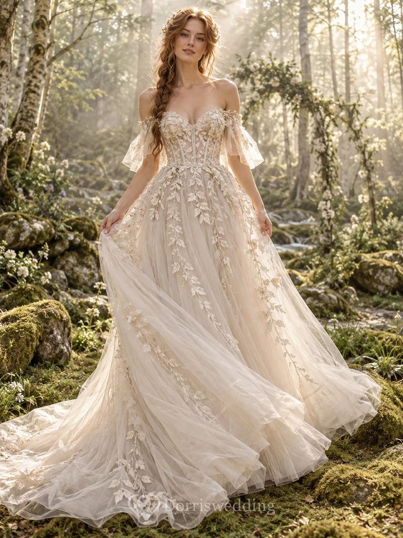 Robe de mariée bohème en tulle, épaules dénudées, décolleté cœur, manches papillon et imprimé floral