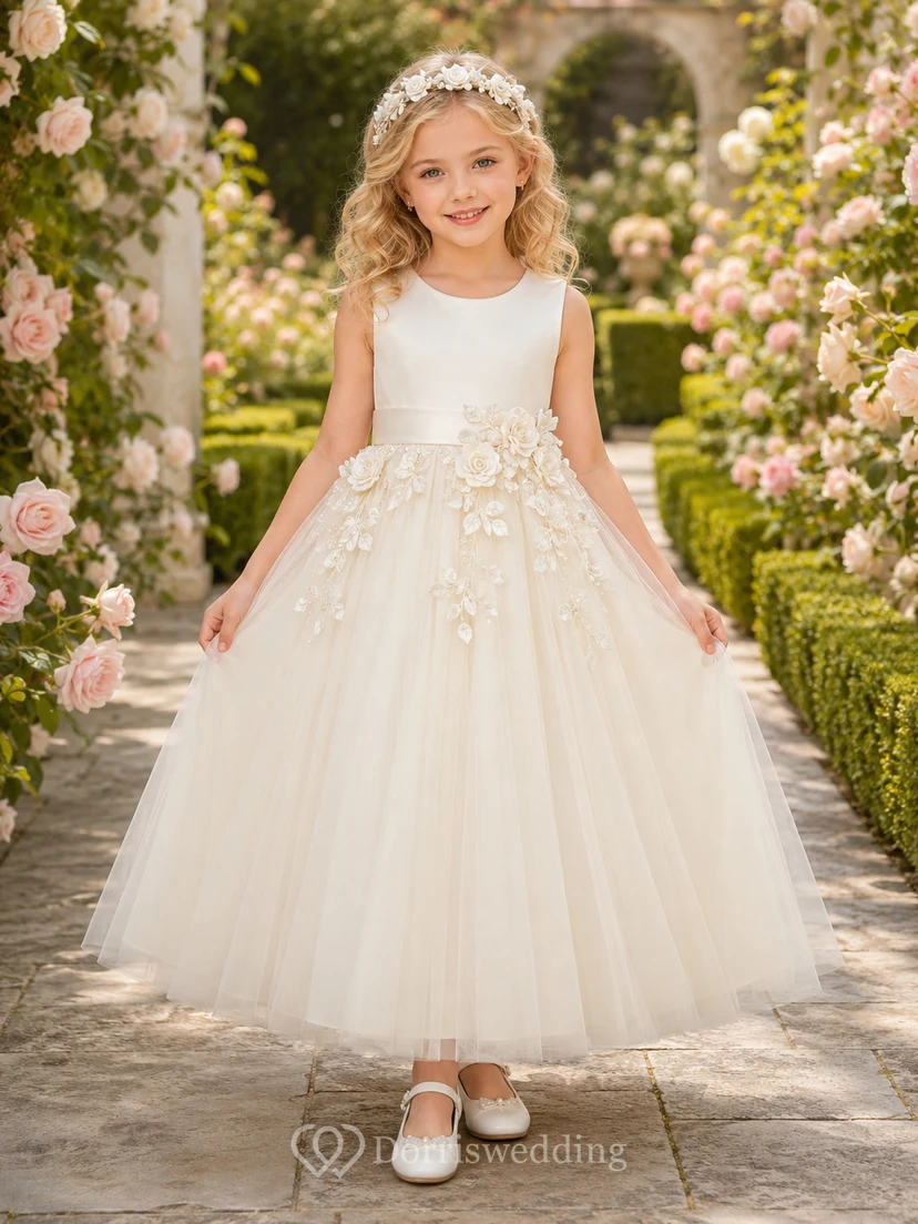 Elfenbeinfarbenes Blumenmädchenkleid mit Rosenapplikationen, ärmellosem Tüll-A-Linien-Schnitt, floralem Taillendetail, bodenlangem Rock und elegantem Finish