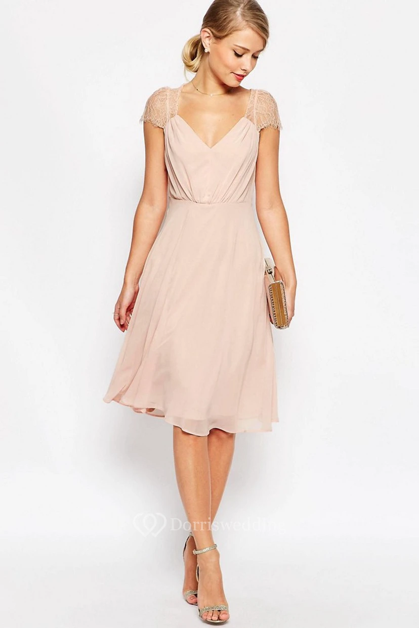A-Line Knee-Length Ruched Cap Sleeve V-Neck Chiffon Blush Bridesmaid Dress view 4