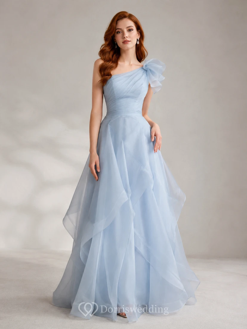 Sky Blue Ruffled Organza A-Line Formal Dress
