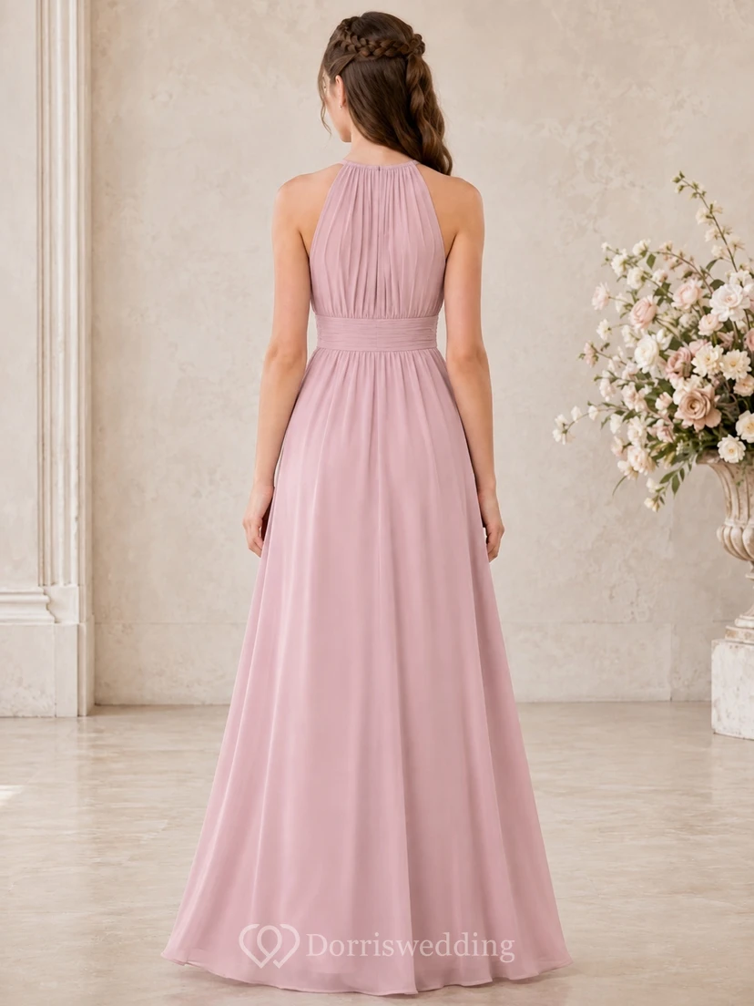 Elegantes, ärmelloses Chiffon-Brautjungfernkleid in Altrosa, A-Linie, hoher Kragen view 2