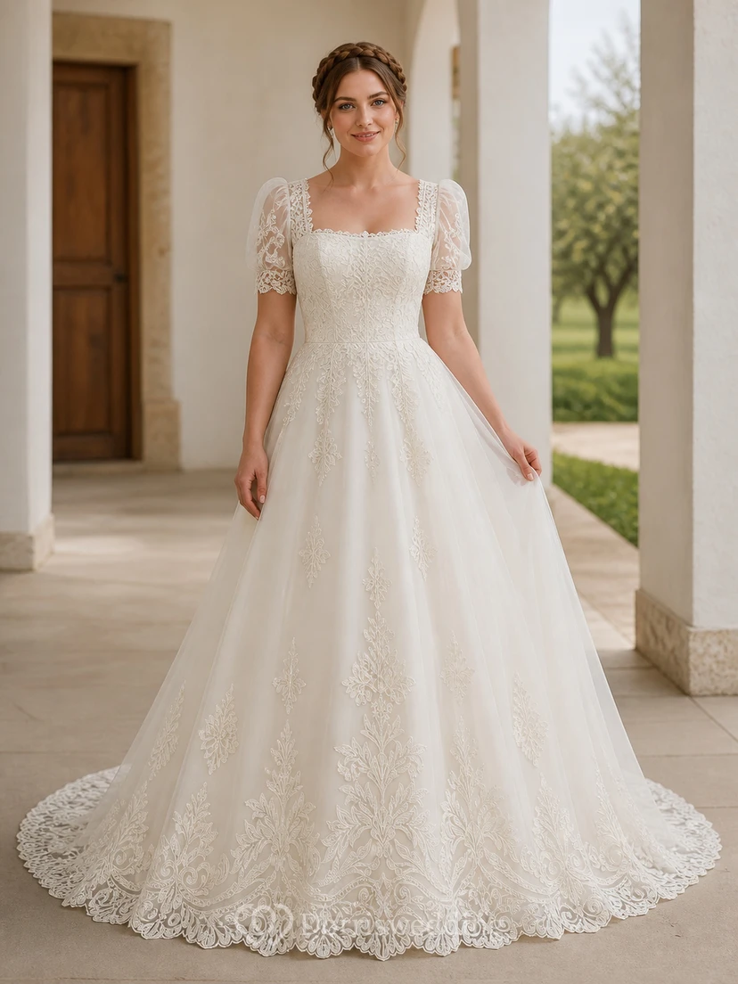Vestido de novia modesto de manga corta, corte A, escote cuadrado, encaje filigrana suave y cola catedral.