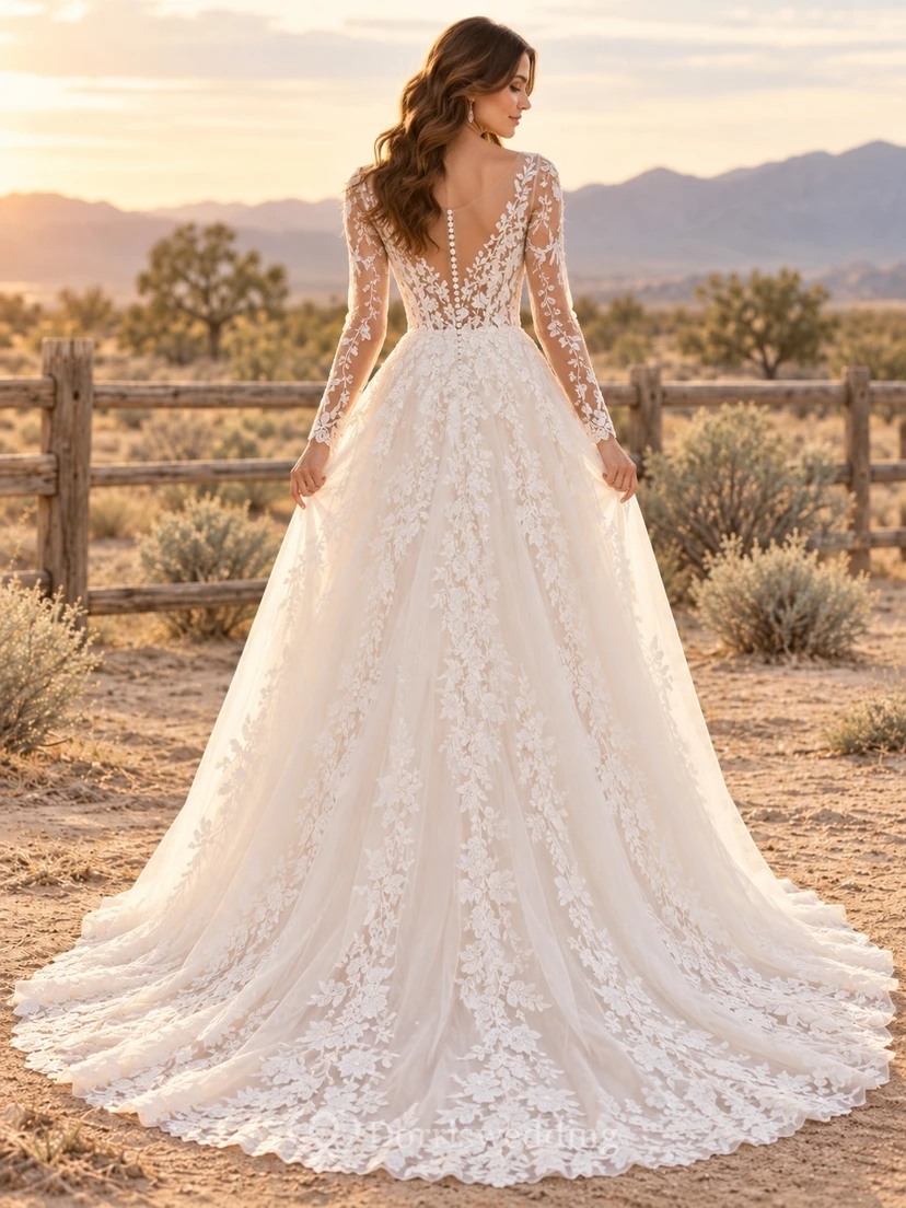Western Long Sleeve V-neck Floral Applique A-Line Wedding Dress view 2