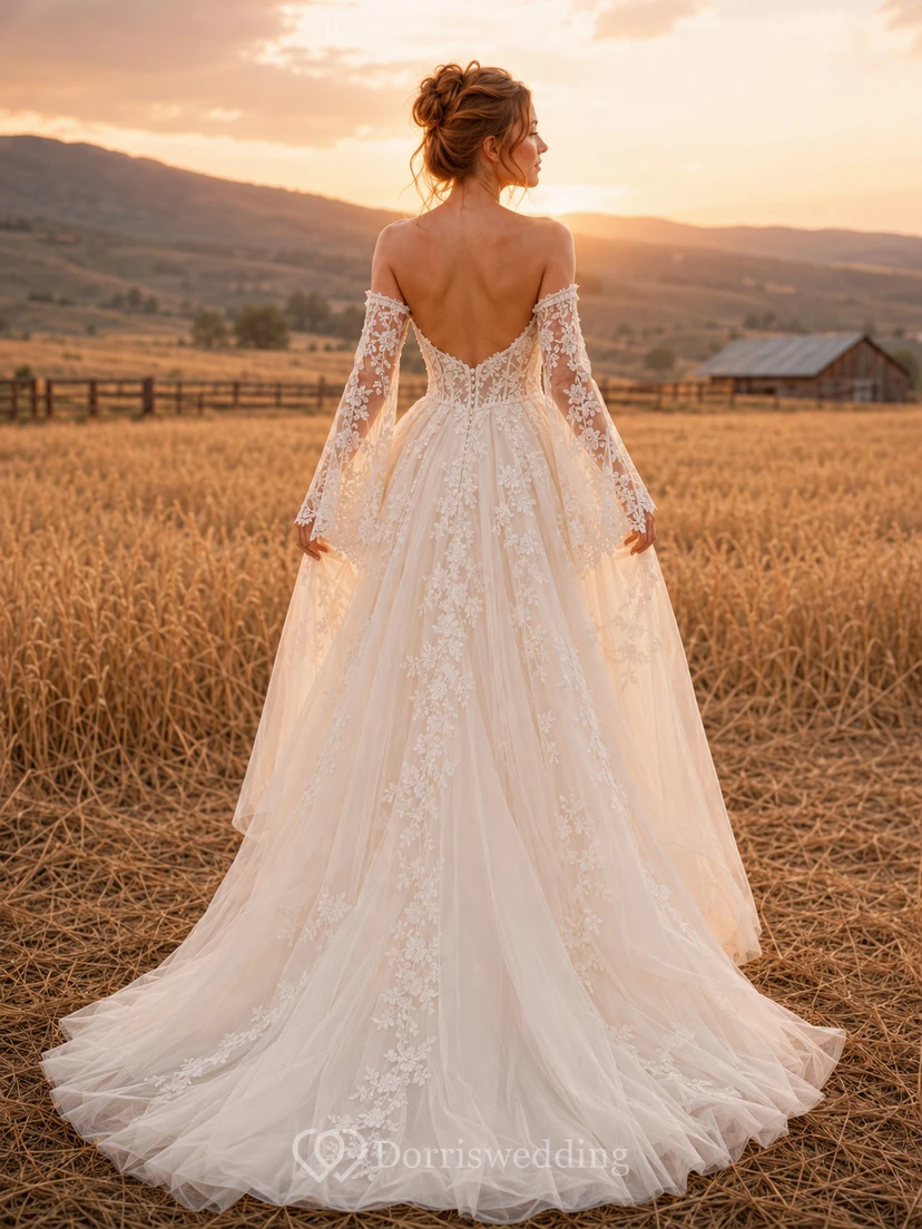 Boho Lace A-Line Off Shoulder Long Sleeve High-Low Wedding Dress view 2