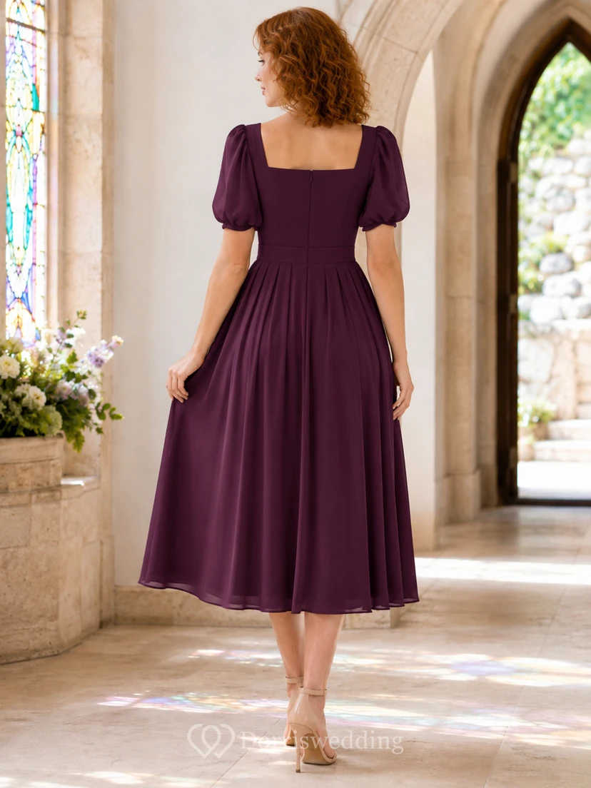 Plum Square Neck Puff Sleeve Chiffon Chapel Guest Dress view 2