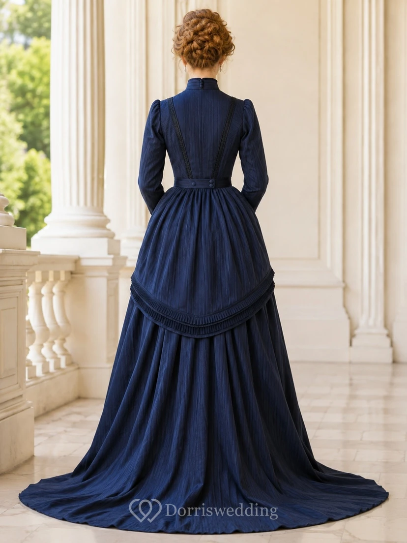 Edwardian Ink Navy High-Neck Long Sleeve Velvet Pleated Formal Dress view 2