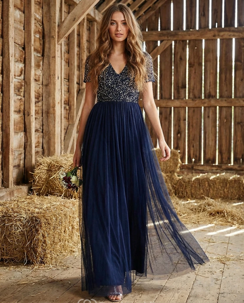 Beaded Blue Chiffon V-Neck Floor-Length Gown