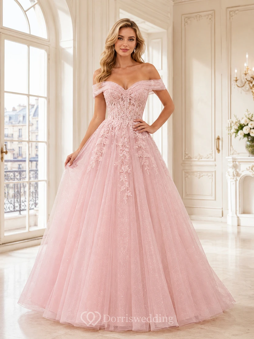 Zartes, perlmuttrosa schulterfreies Ballkleid mit Herzausschnitt, floraler Spitze und Tüll, bodenlang, für Quinceañera oder Abschlussball