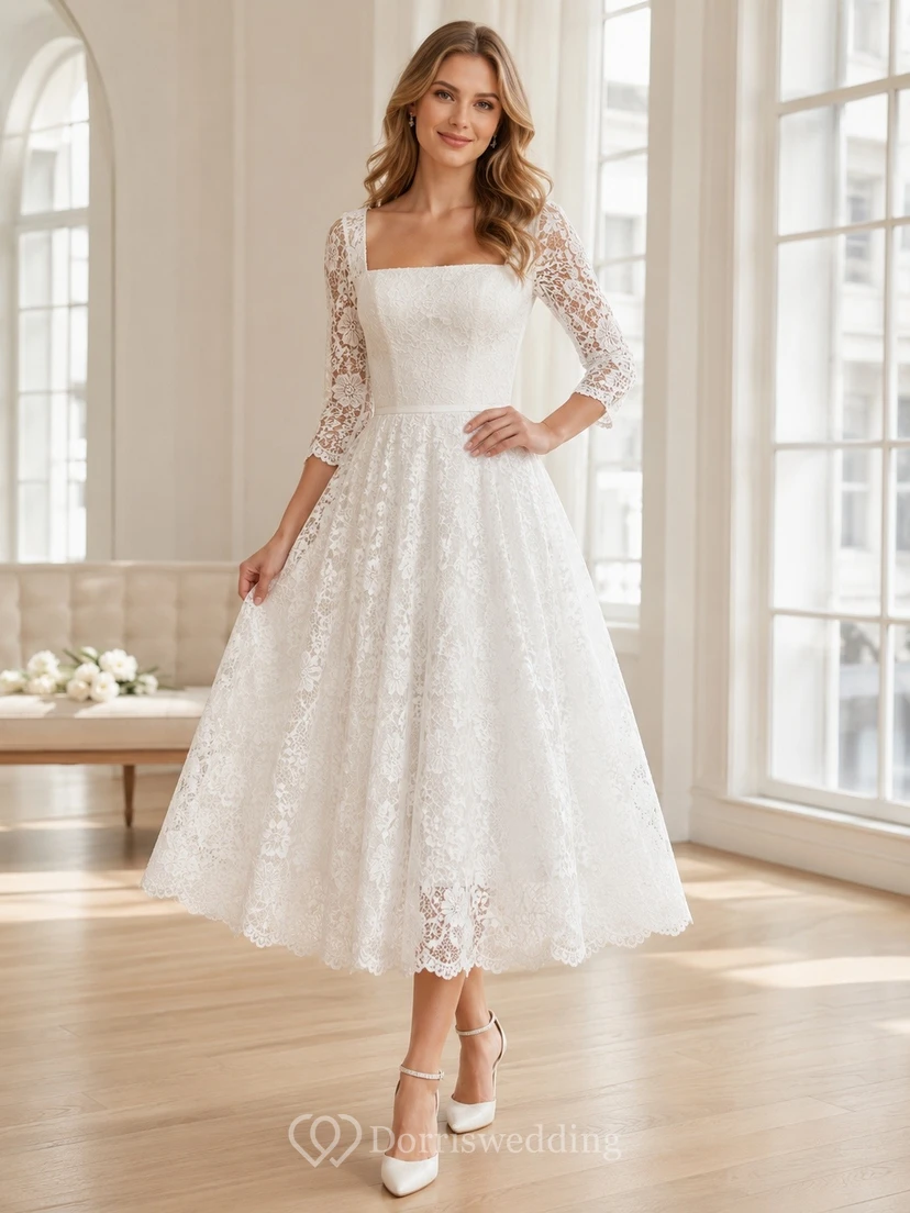 Teelanges, eckiges Ausschnitt, lange Ärmel, Spitze, A-Linie, romantisches Kleid