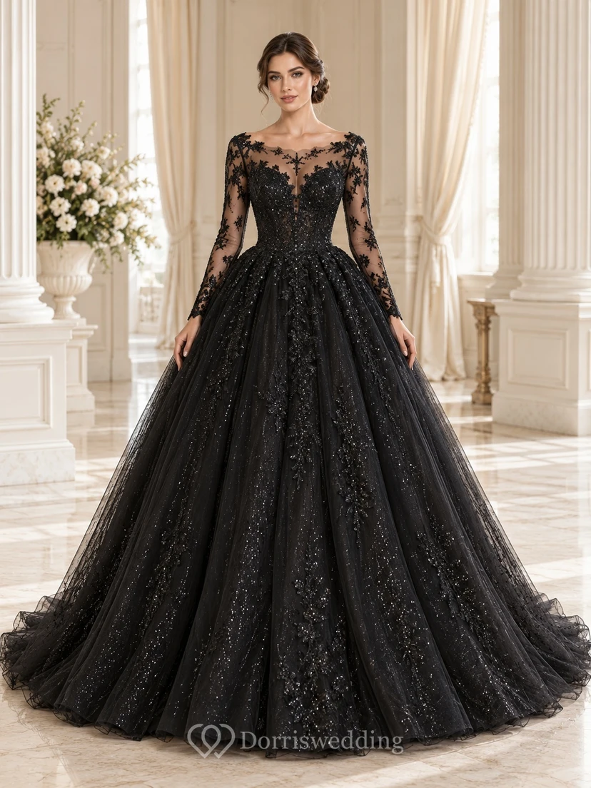 Black Long Sleeve Bateau Sparkling Floral Ball Gown Wedding Dress