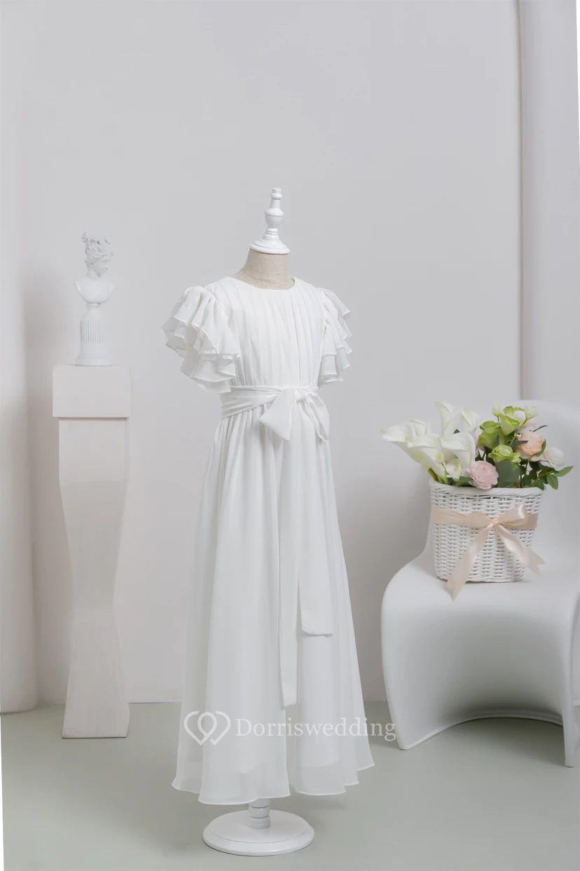 White First Communion Bowed Chiffon Flowergirl Dress with Ruffled Sleeve view 3