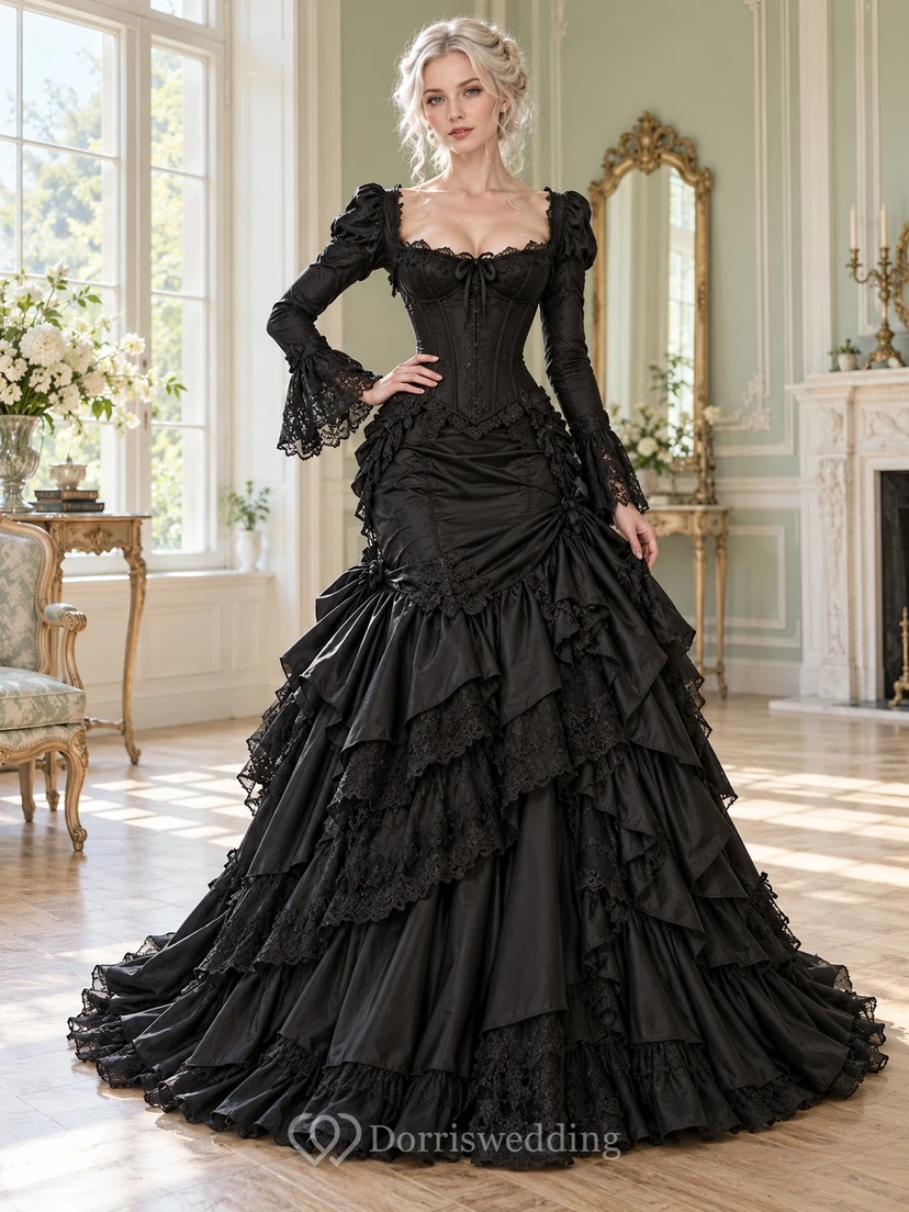 Gothic Victorian Black Square Neck Ruffled Mermaid Train Formal Dress