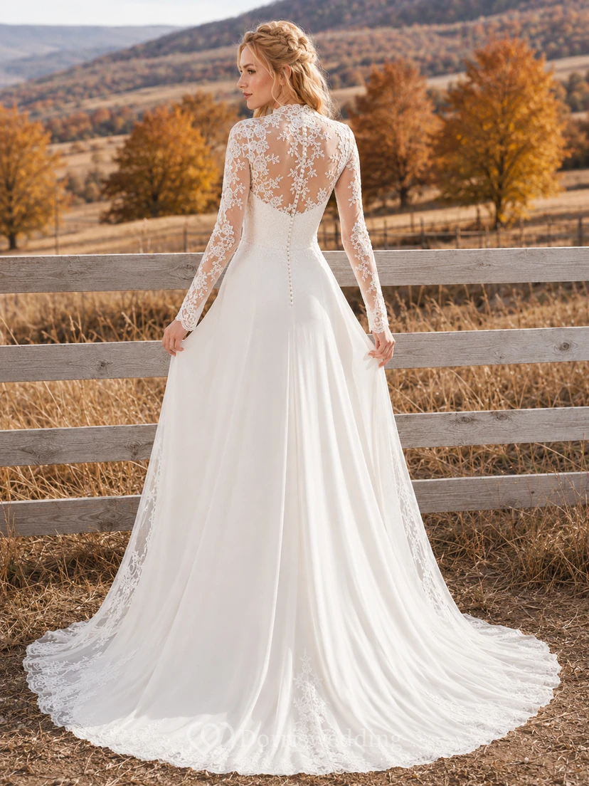 Modest Fall High Neck Long Illusion Lace Sleeve Satin A-Line Chapel Train Wedding Gown view 2