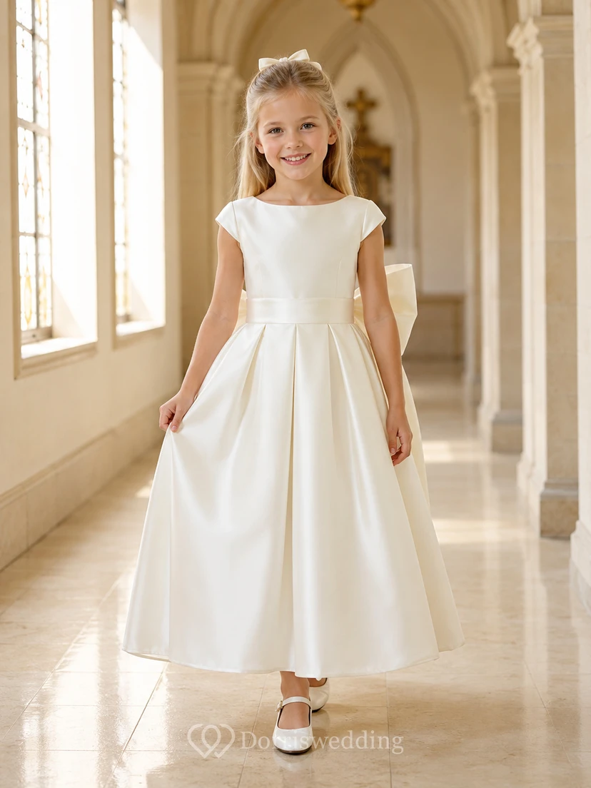 Robe de demoiselle d'honneur mi-longue en satin à manches courtes et nœud dans le dos, idéale pour une communion.