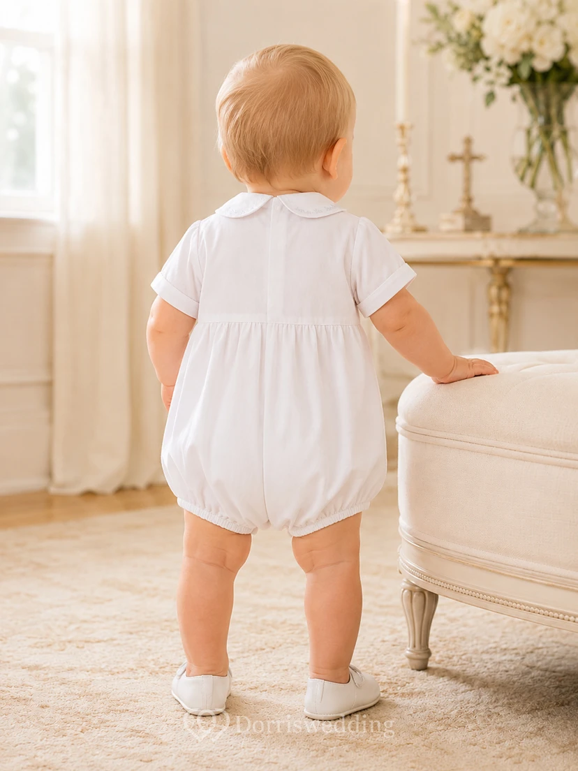 White Fine Pintuck Peter Collar Short Sleeve Blessing Bubble for Baby Boy view 2