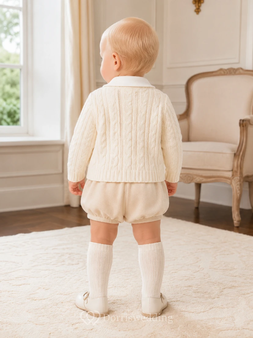 Kuscheliges cremefarbenes Langarm-Strick-Cardigan-Set mit Zopfmuster und passendem Taufhöschen view 2