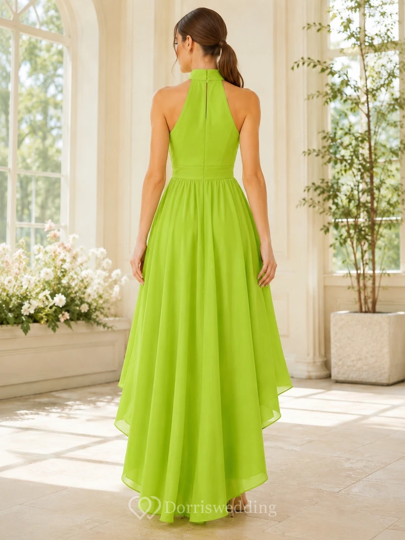 Lime Green Halter-Neck Sleeveless Tiered Chiffon A-Line High-Low Dress view 2