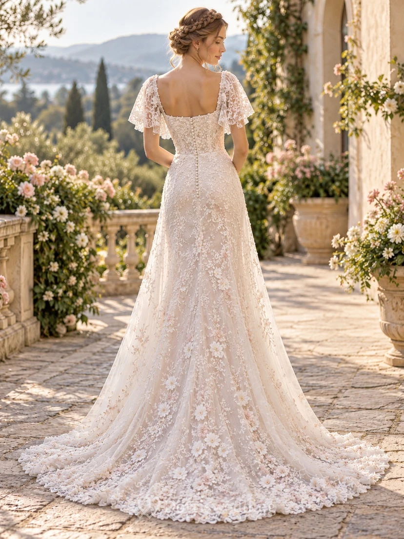 Hochzeitskleid mit eckigem Ausschnitt, flatternden Ärmeln, floraler Spitze und Meerjungfrauenschleppe view 2