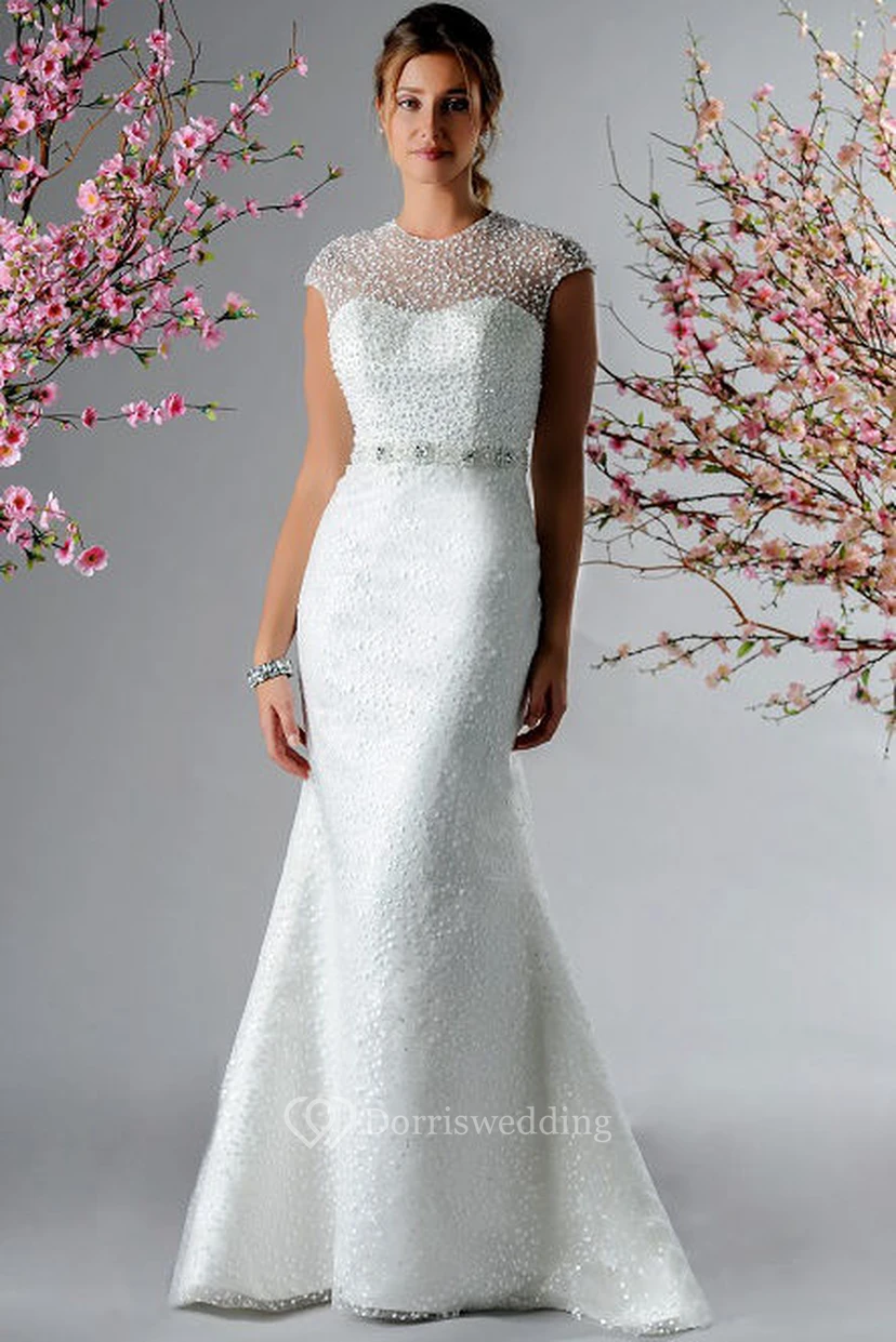 Cap Sleeve Sequined Mermaid Bridal Gown With Beading Waist